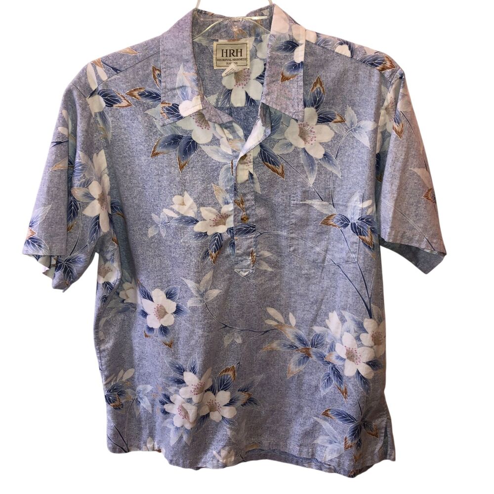 VTG HRH His Royal Highness Mens XL Blue Floral Hawaiian Aloha Short Sleeve Shirt